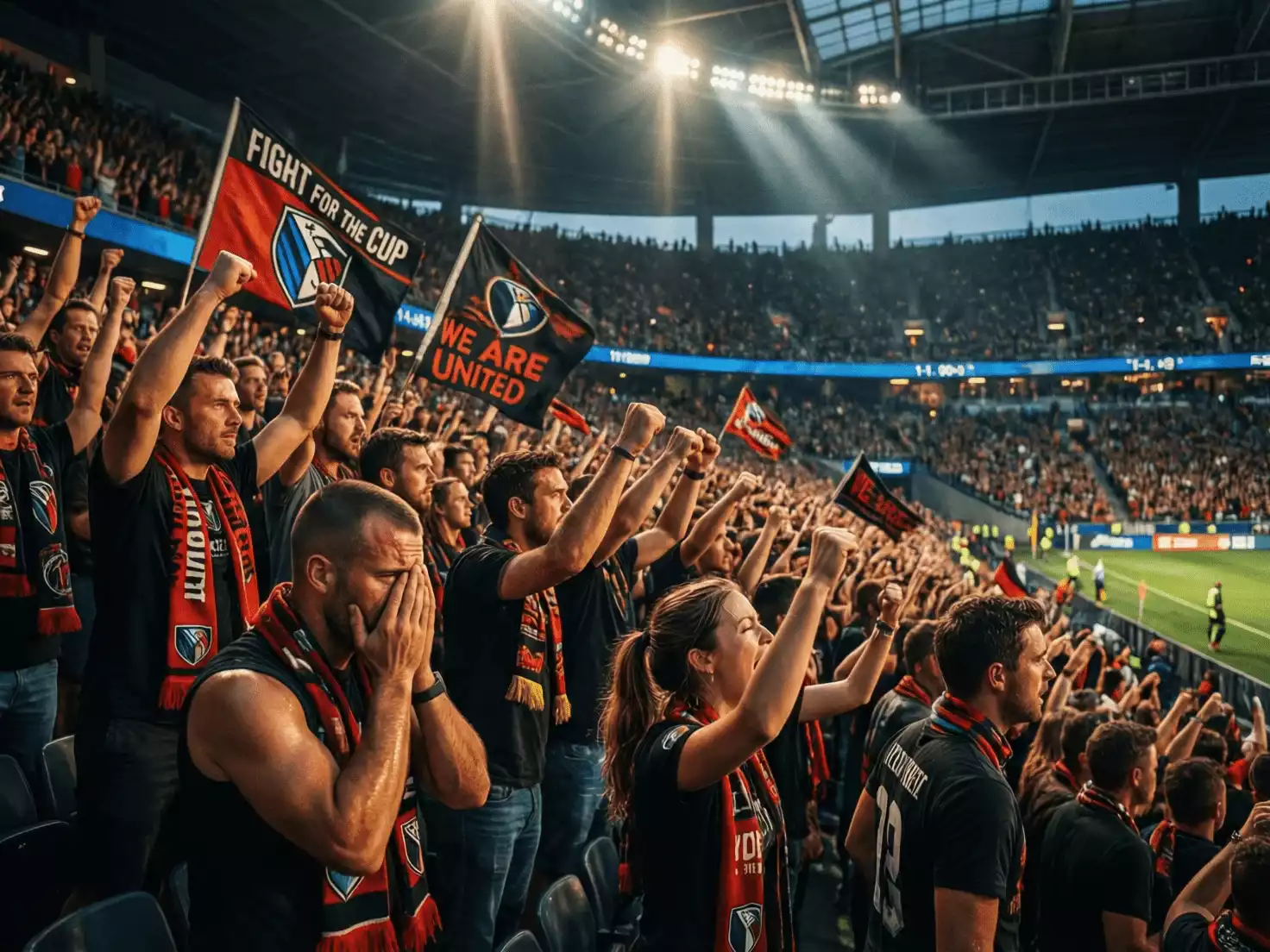 Aficionados animando intensamente en las gradas durante un partido de playoffs
