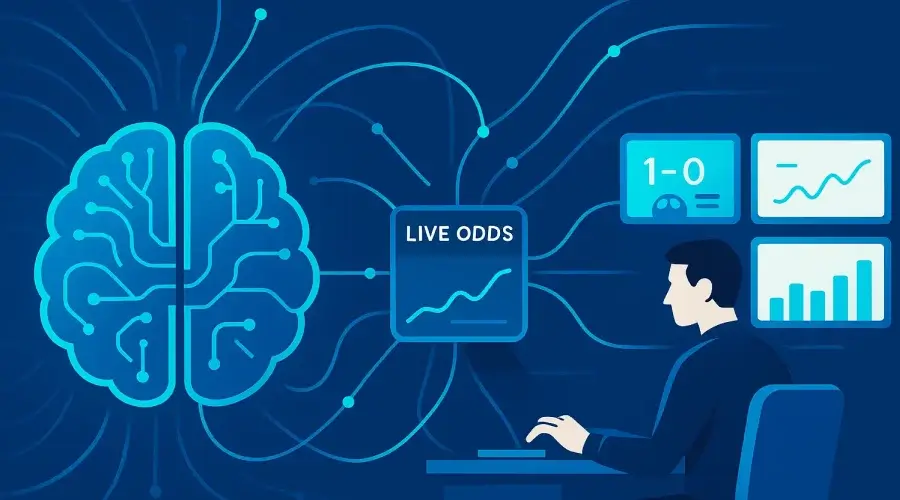 Ilustración de algoritmos de inteligencia artificial y traders humanos ajustando cuotas de apuestas en tiempo real