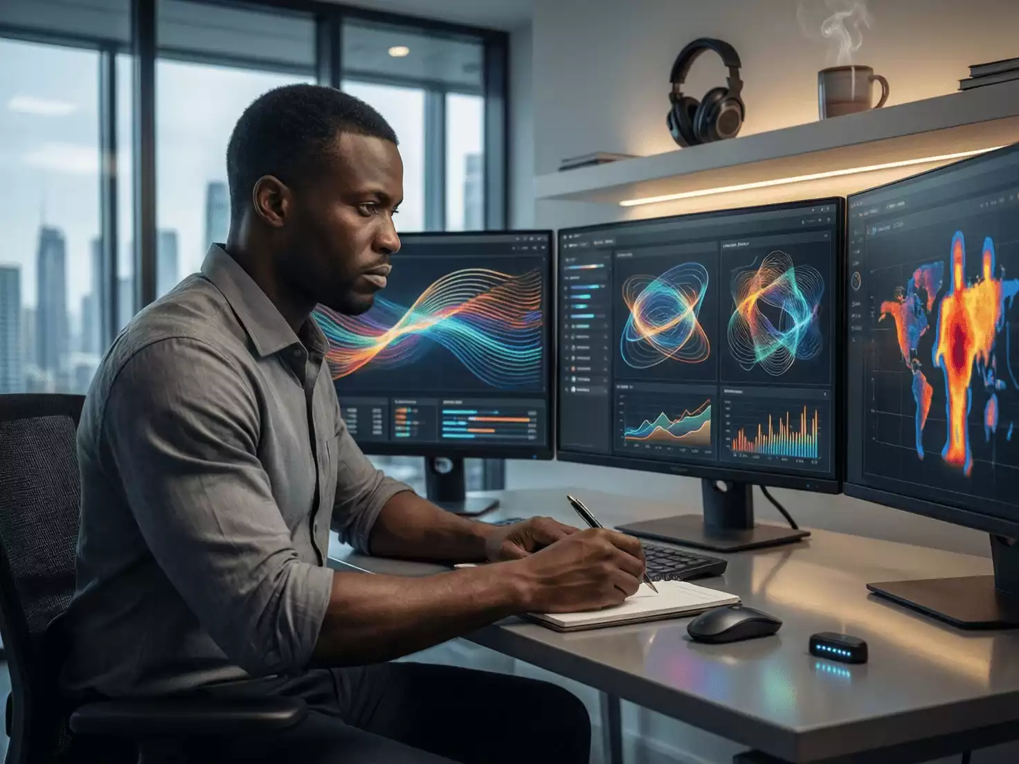 Analista deportivo estudiando datos de fútbol en múltiples pantallas