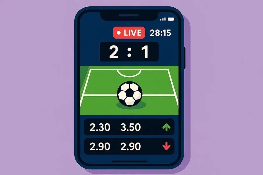 Pantalla de smartphone mostrando interfaz de apuestas en vivo con cuotas actualizándose en tiempo real