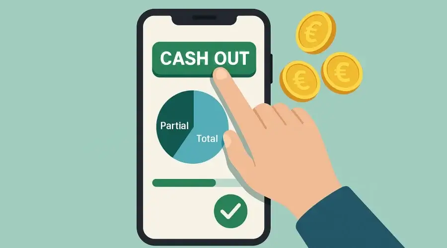 Función de cashout en apuestas en vivo mostrando botón de retiro anticipado y opciones de cashout parcial