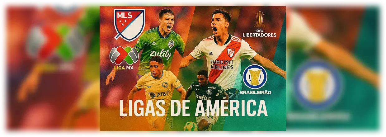 Collage de logos y momentos destacados de MLS, Liga MX, Copa Libertadores y Brasileirão