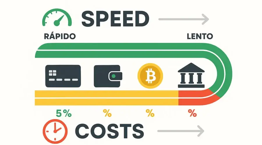 Comparativa infográfica de tiempos de procesamiento y costos entre tarjetas, billeteras electrónicas, criptomonedas y transferencias bancarias
