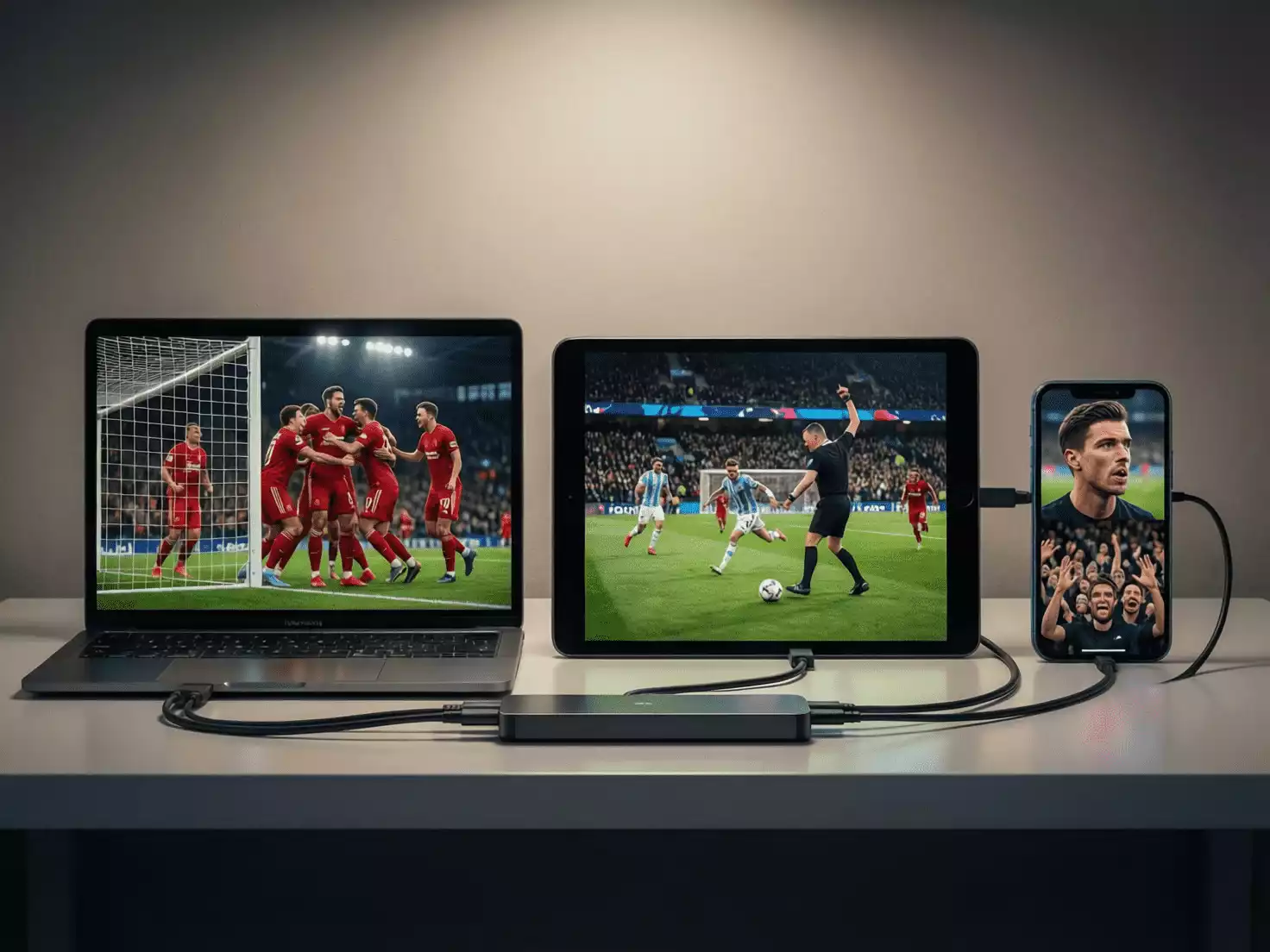 Múltiples dispositivos mostrando streaming de partidos de fútbol