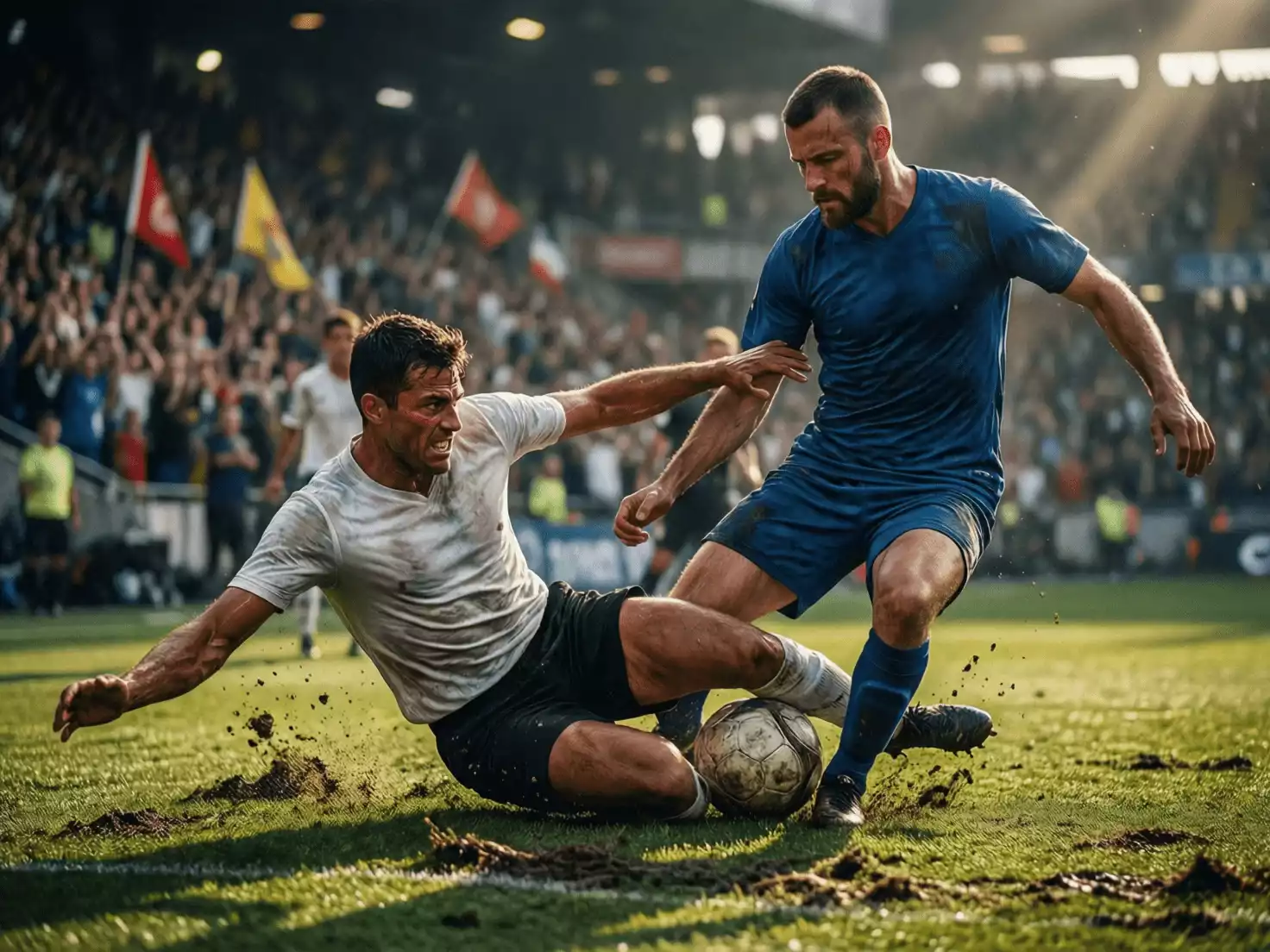Jugadores disputando intensamente un balón en un partido eliminatorio