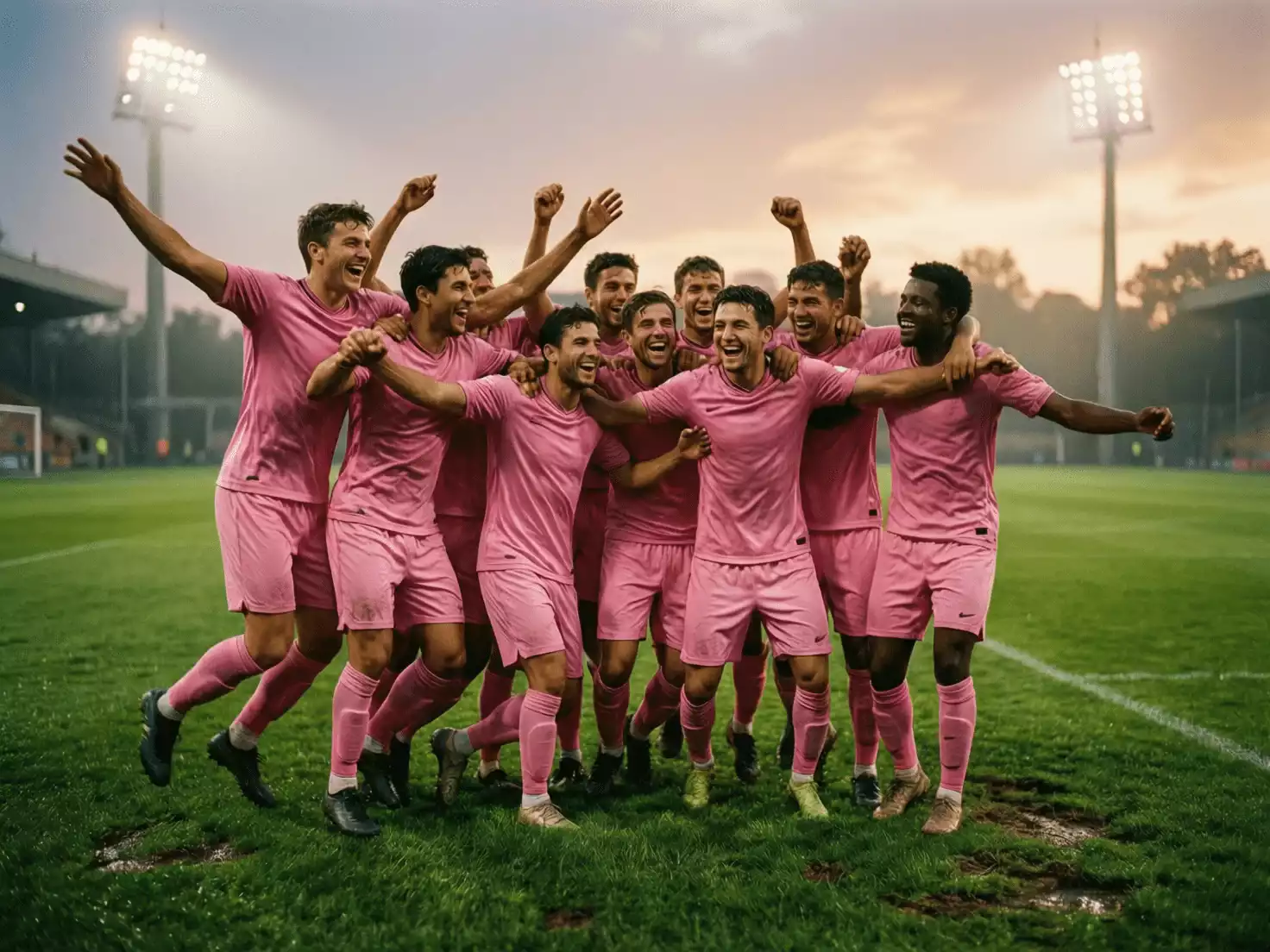 Jugadores de fútbol celebrando un gol juntos en el campo