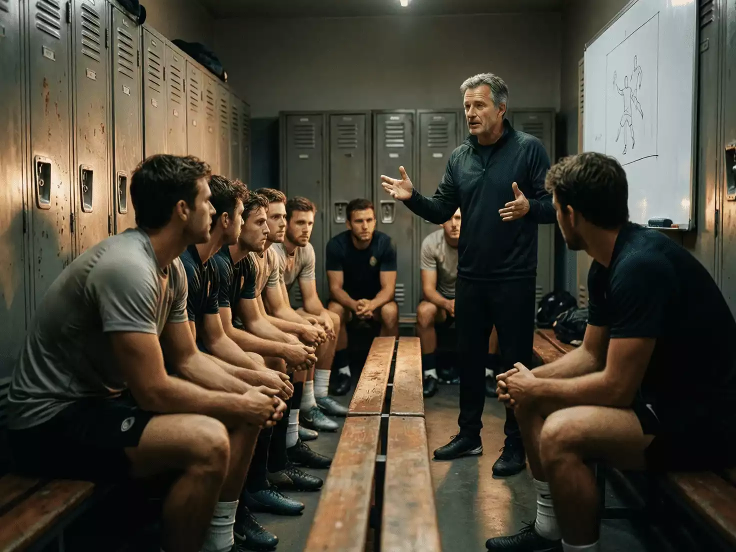 Equipo de fútbol reunido en el vestuario escuchando instrucciones del entrenador