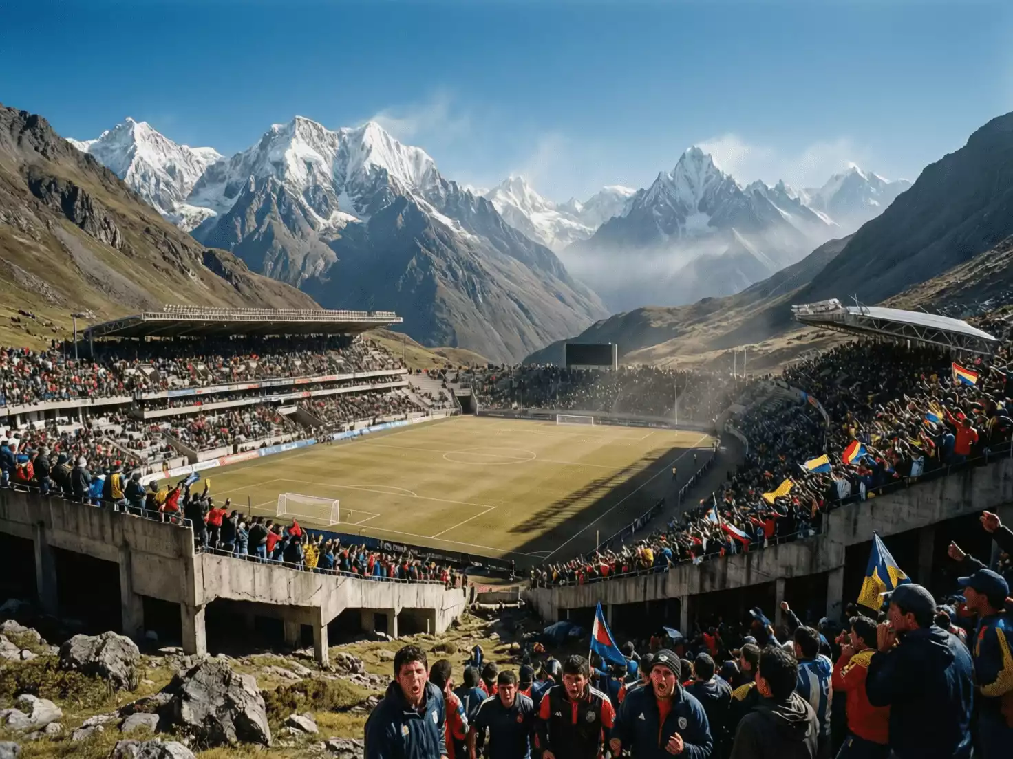 Estadio de fútbol en altura con montañas andinas de fondo