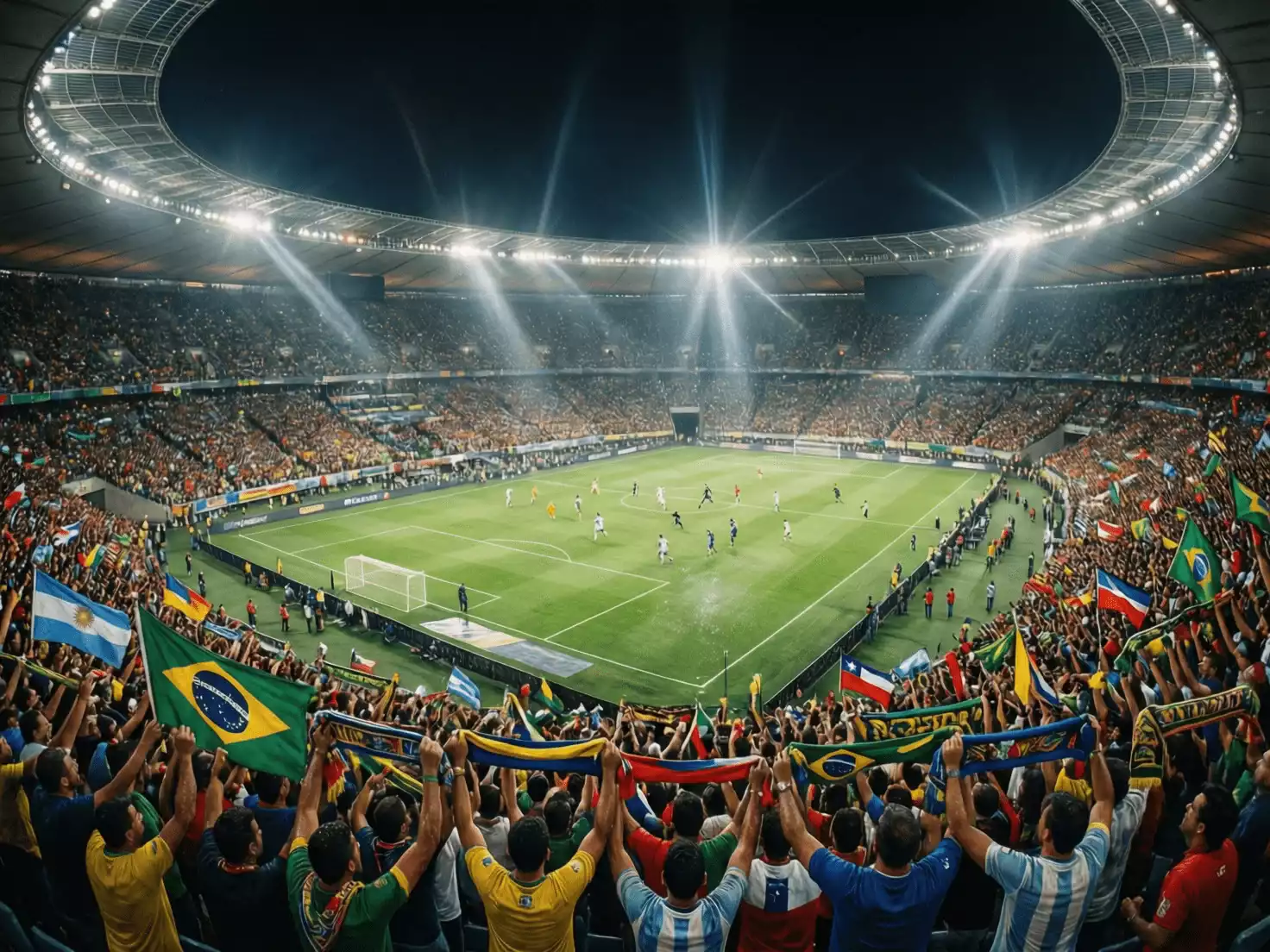 Estadio sudamericano lleno de aficionados durante un partido nocturno de Copa Libertadores