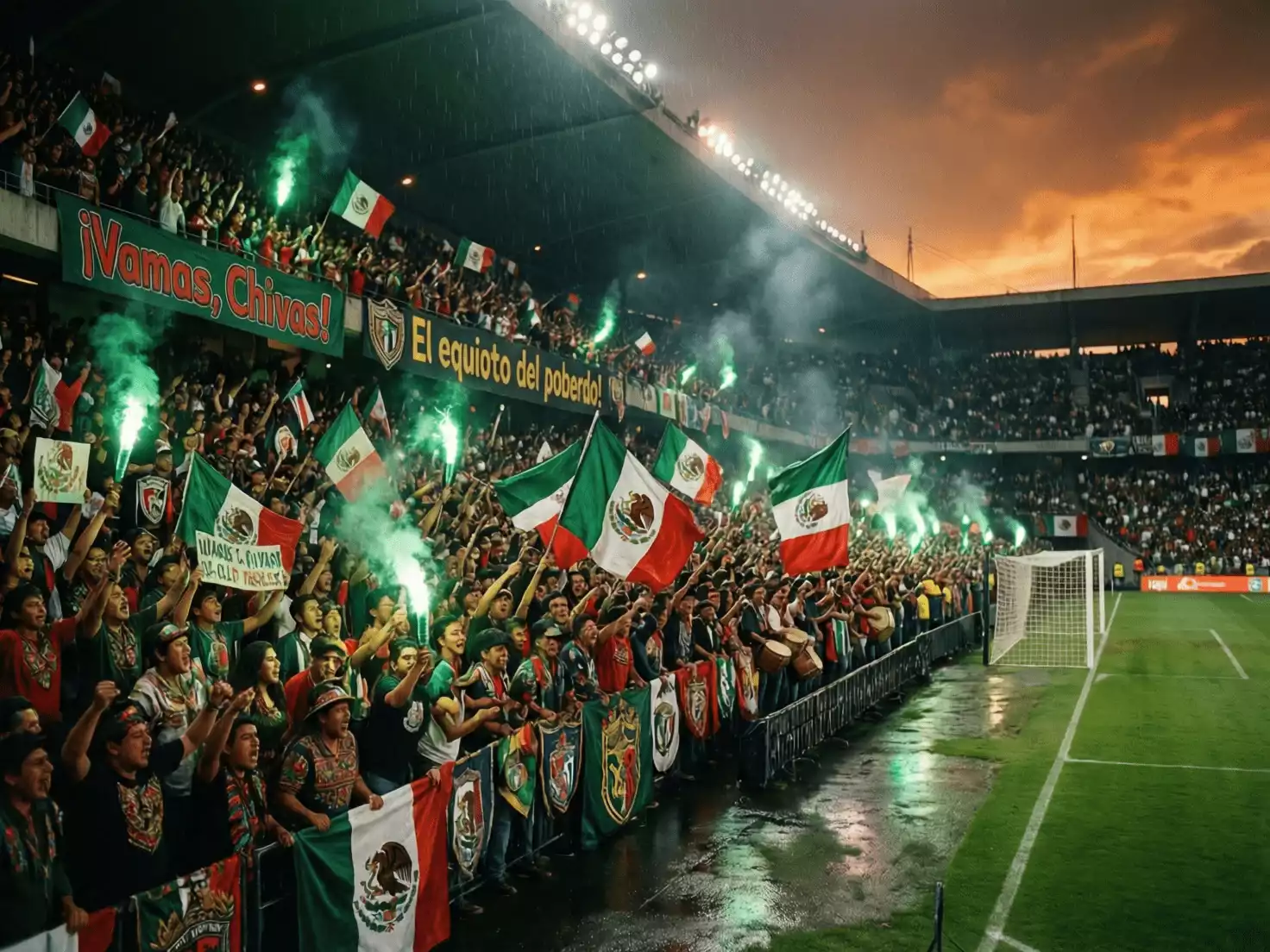 Estadio de fútbol mexicano con afición animando intensamente