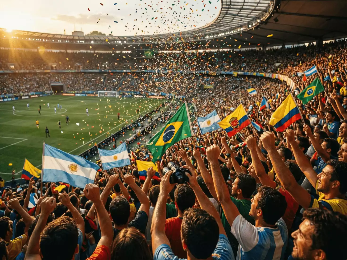 Aficionados celebrando en un estadio de fútbol sudamericano con banderas