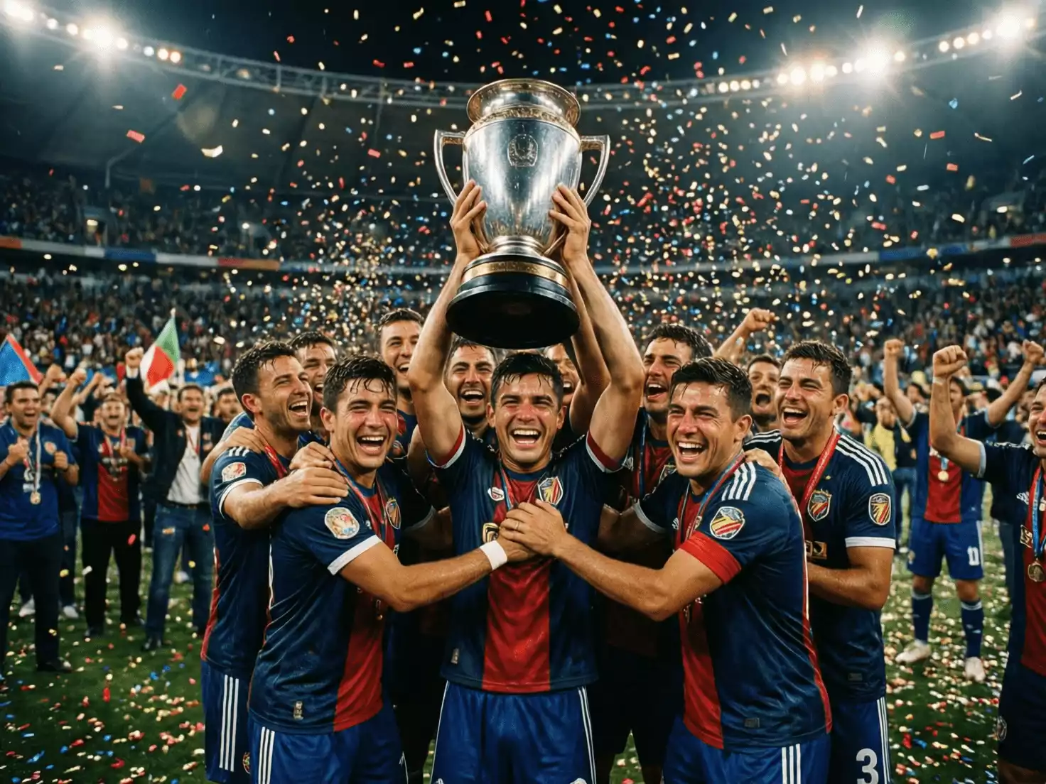 Jugadores celebrando un título de Copa Sudamericana con el trofeo