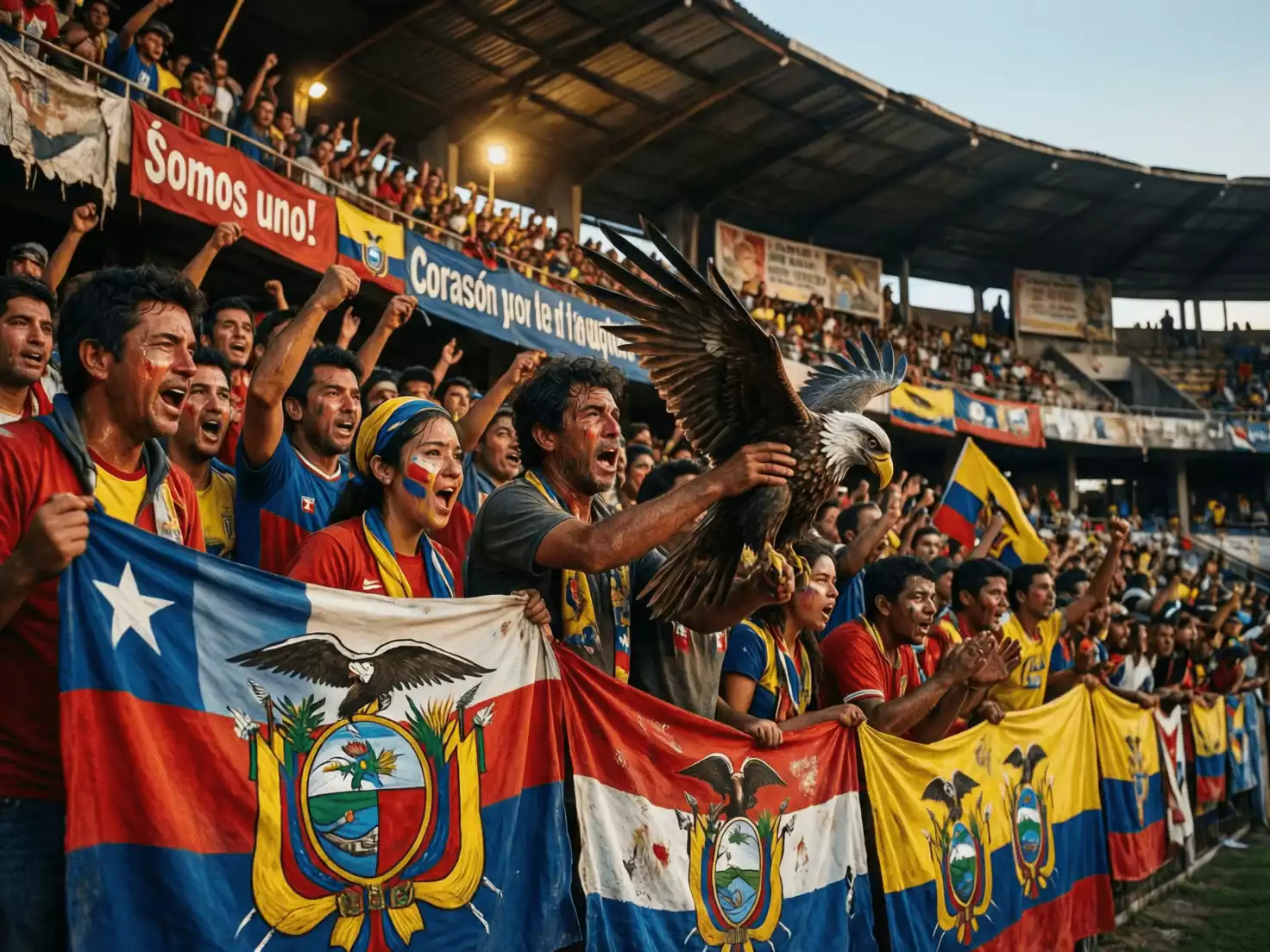 Aficionados sudamericanos celebrando con banderas en un estadio