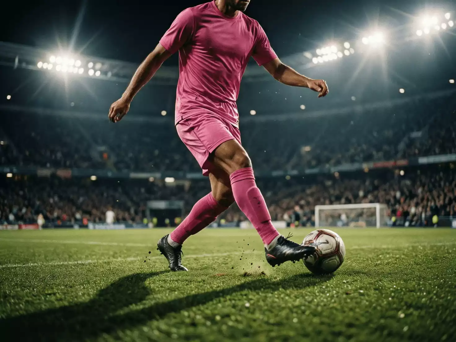 Jugador de fútbol conduciendo el balón en un partido nocturno