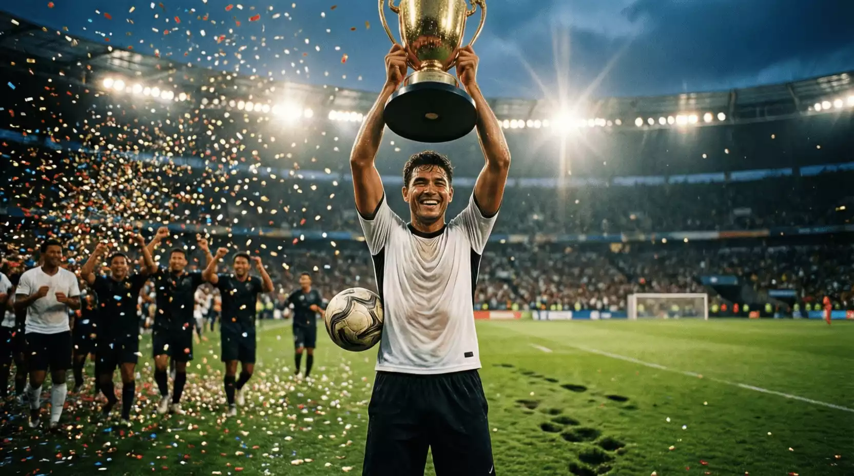 Capitán de fútbol levantando un trofeo dorado en celebración