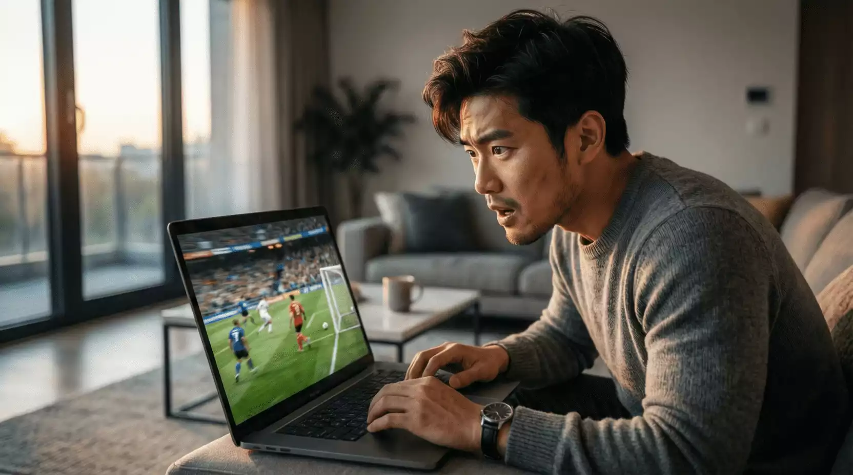 Persona viendo un partido de fútbol en su laptop con emoción