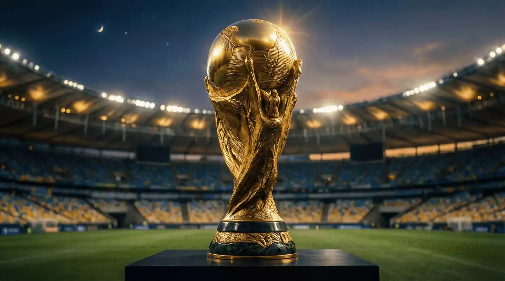 Trofeo de la Copa América iluminado en un estadio sudamericano