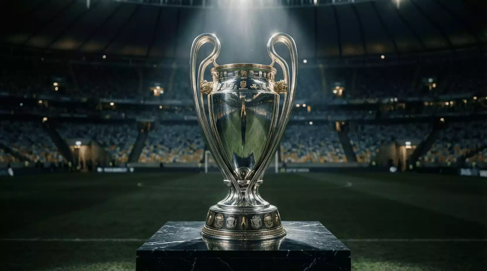 Trofeo de la Copa Libertadores iluminado en un estadio sudamericano