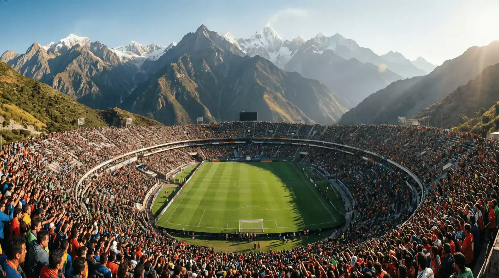 Estadio de fútbol mexicano en altura con montañas de fondo