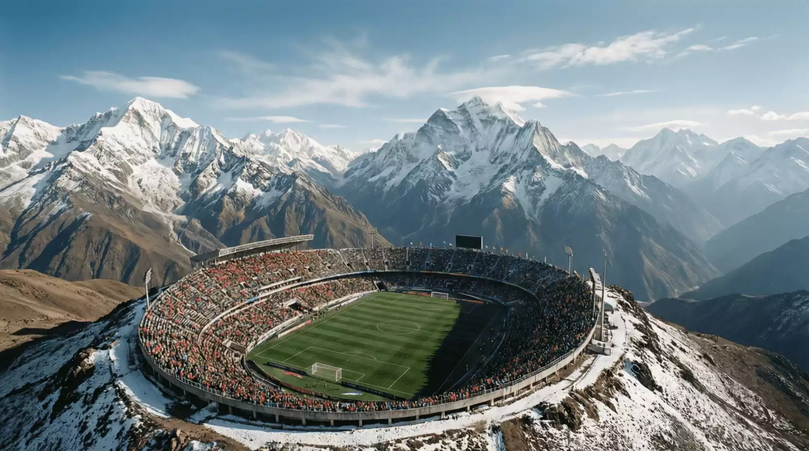 Estadio de fútbol en las montañas andinas con vista a los picos nevados