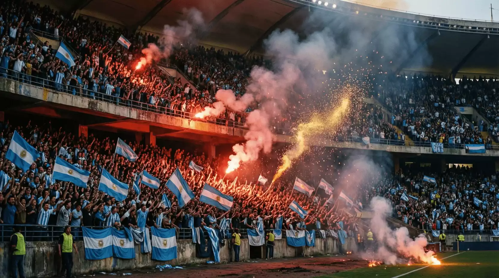 Estadio argentino repleto de aficionados con banderas y bengalas