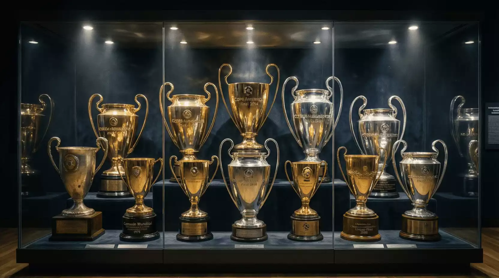 Trofeos históricos de fútbol exhibidos en una vitrina iluminada