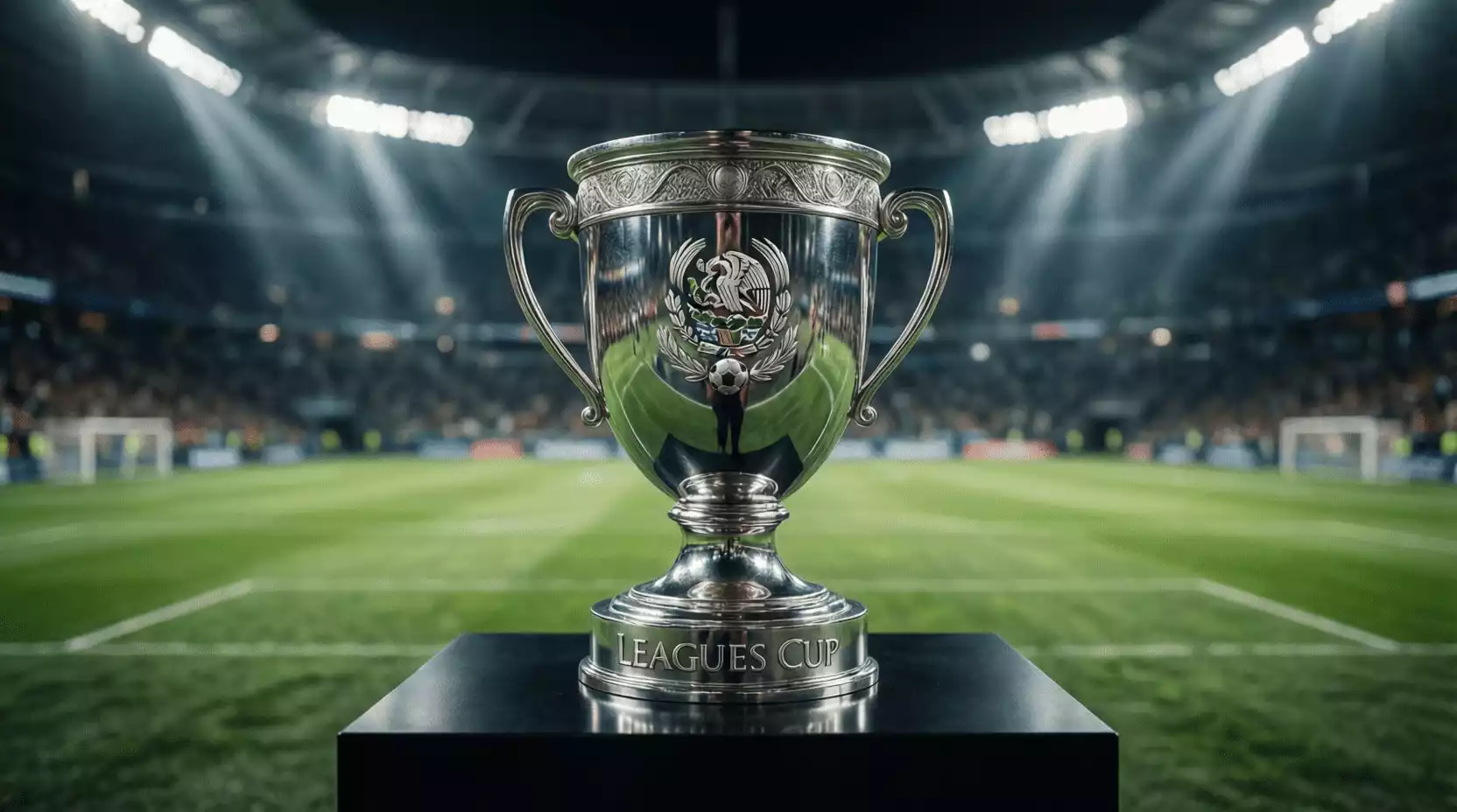 Trofeo de la Leagues Cup exhibido en un estadio de fútbol