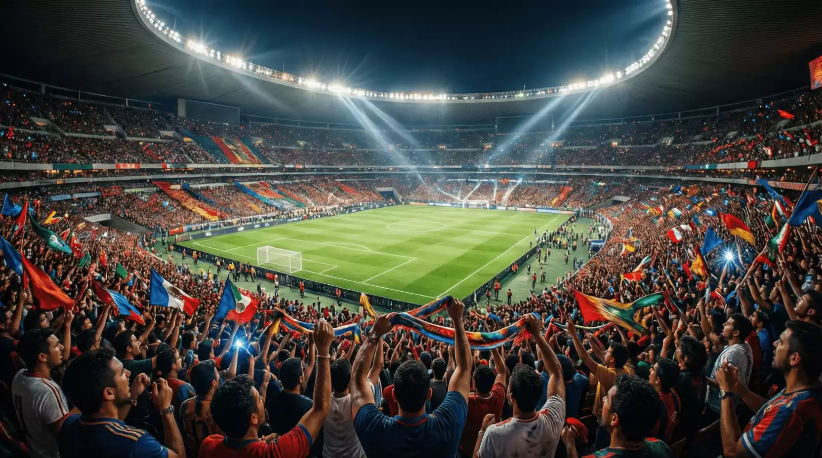 Estadio de fútbol mexicano lleno de aficionados durante un partido nocturno