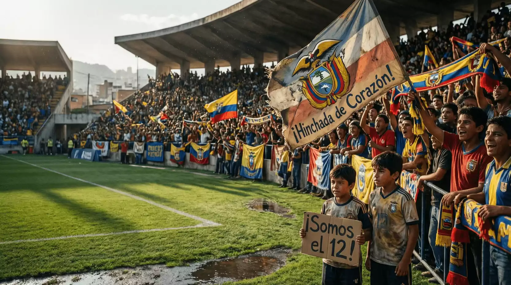 Estadio sudamericano con aficionados durante un partido de liga local