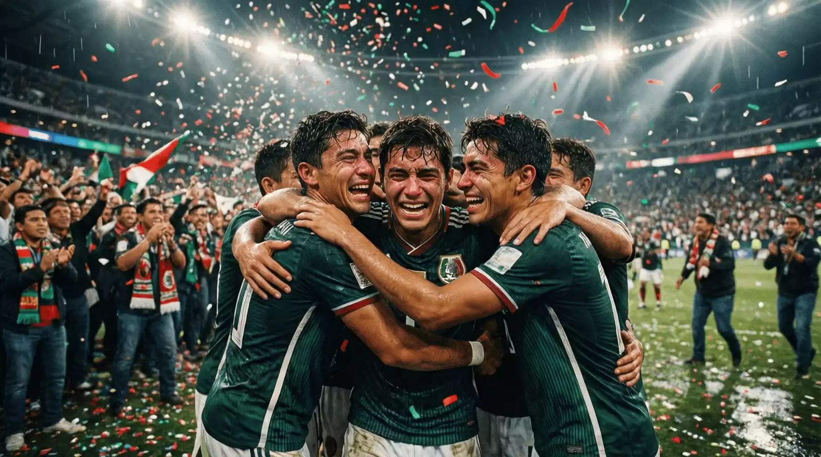 Jugadores mexicanos celebrando un triunfo en la liguilla con afición de fondo