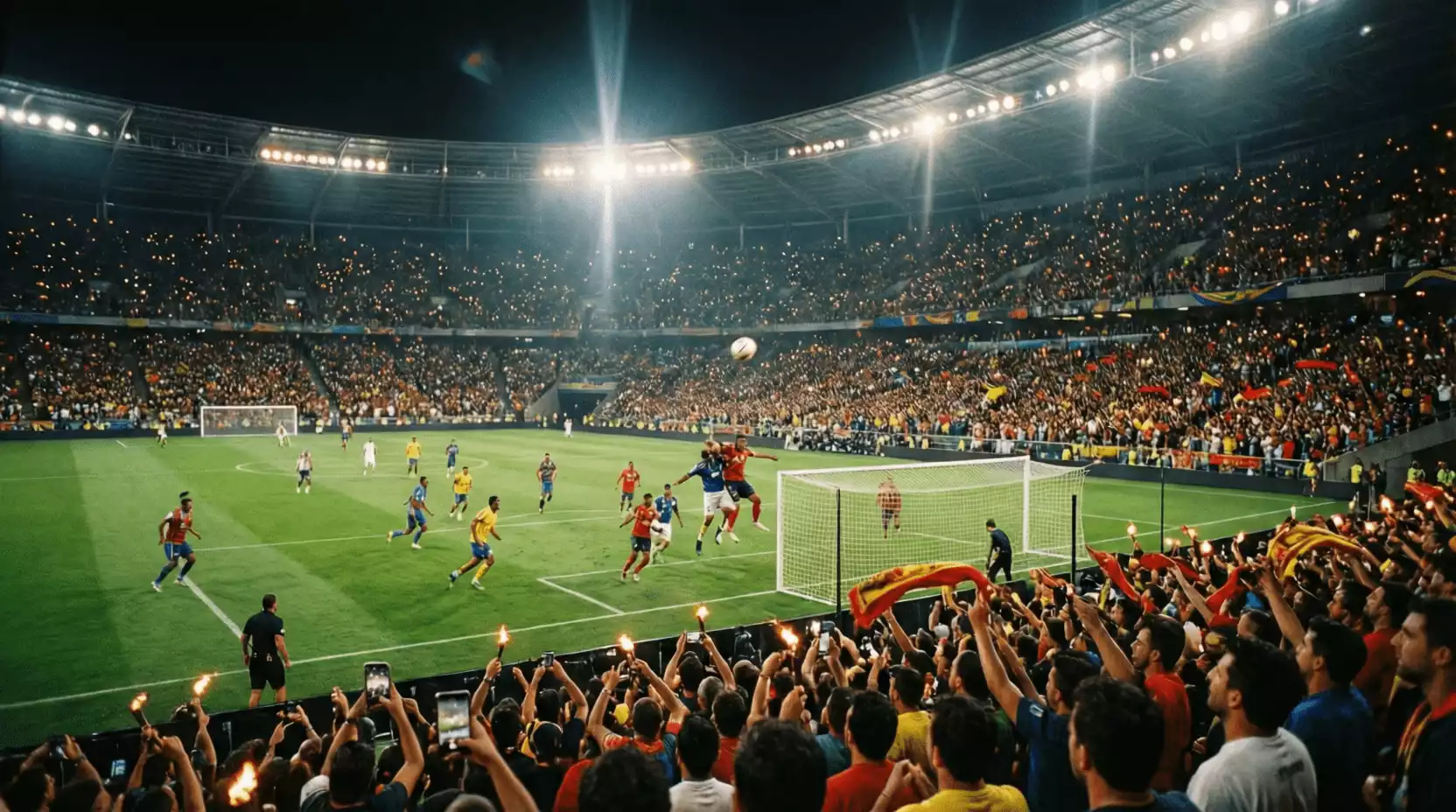 Estadio de fútbol sudamericano durante un partido en vivo con ambiente nocturno