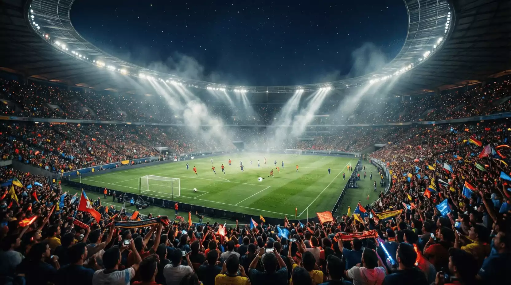 Estadio de fútbol lleno de espectadores durante un partido nocturno