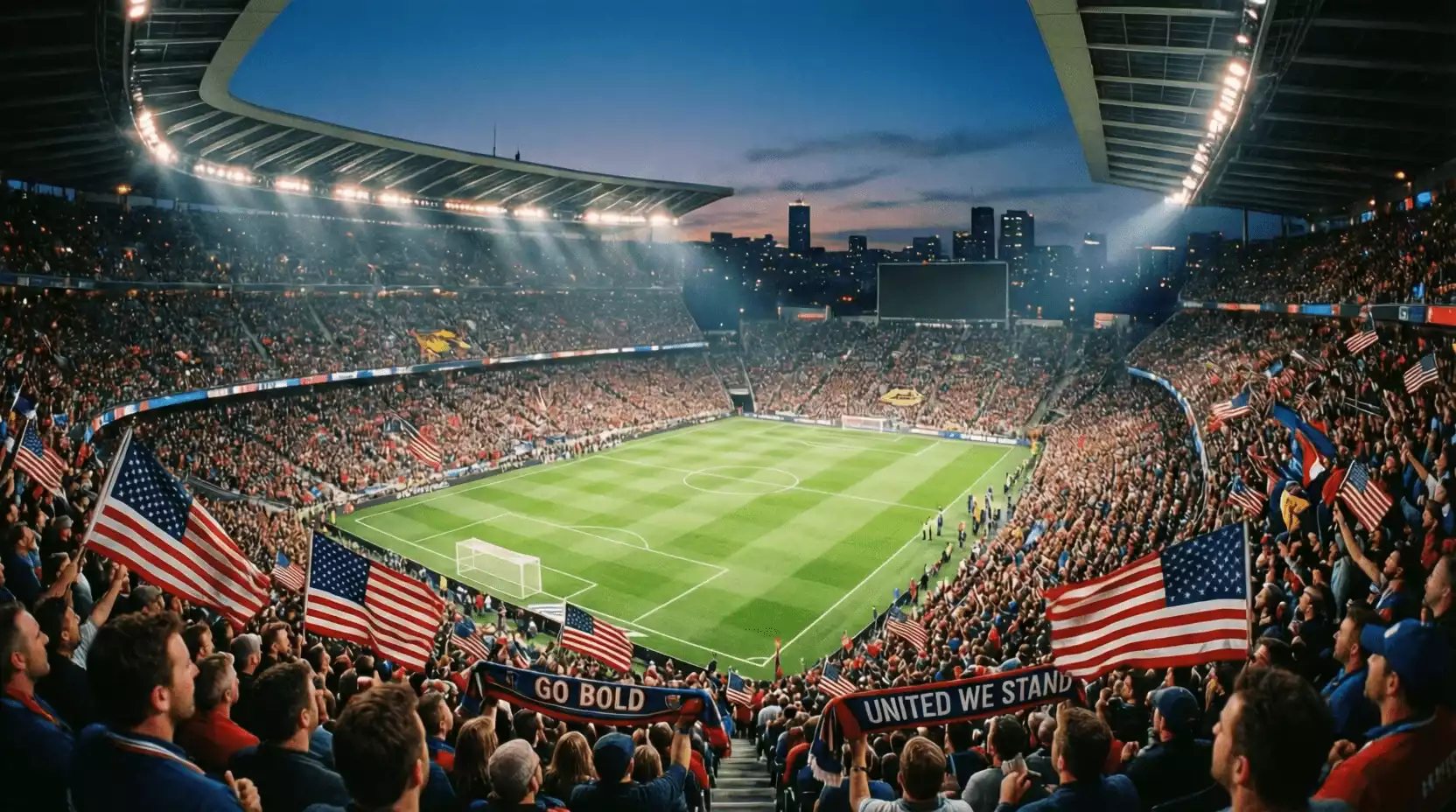 Estadio de fútbol de la MLS lleno de aficionados durante un partido nocturno