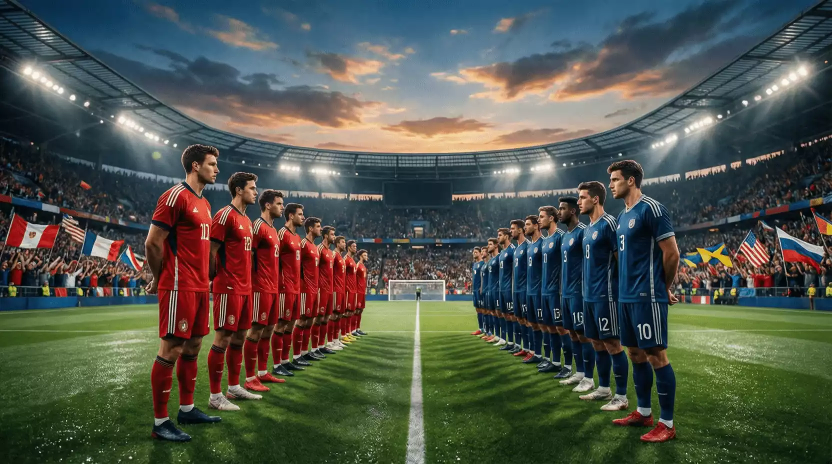 Dos equipos de fútbol enfrentándose en un partido internacional