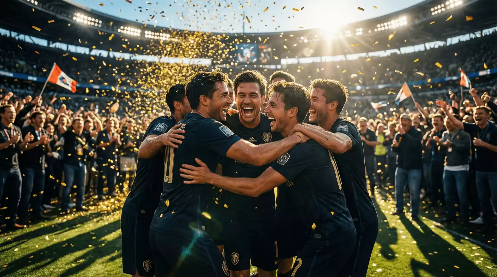Jugadores de fútbol celebrando una victoria en playoffs con confeti cayendo