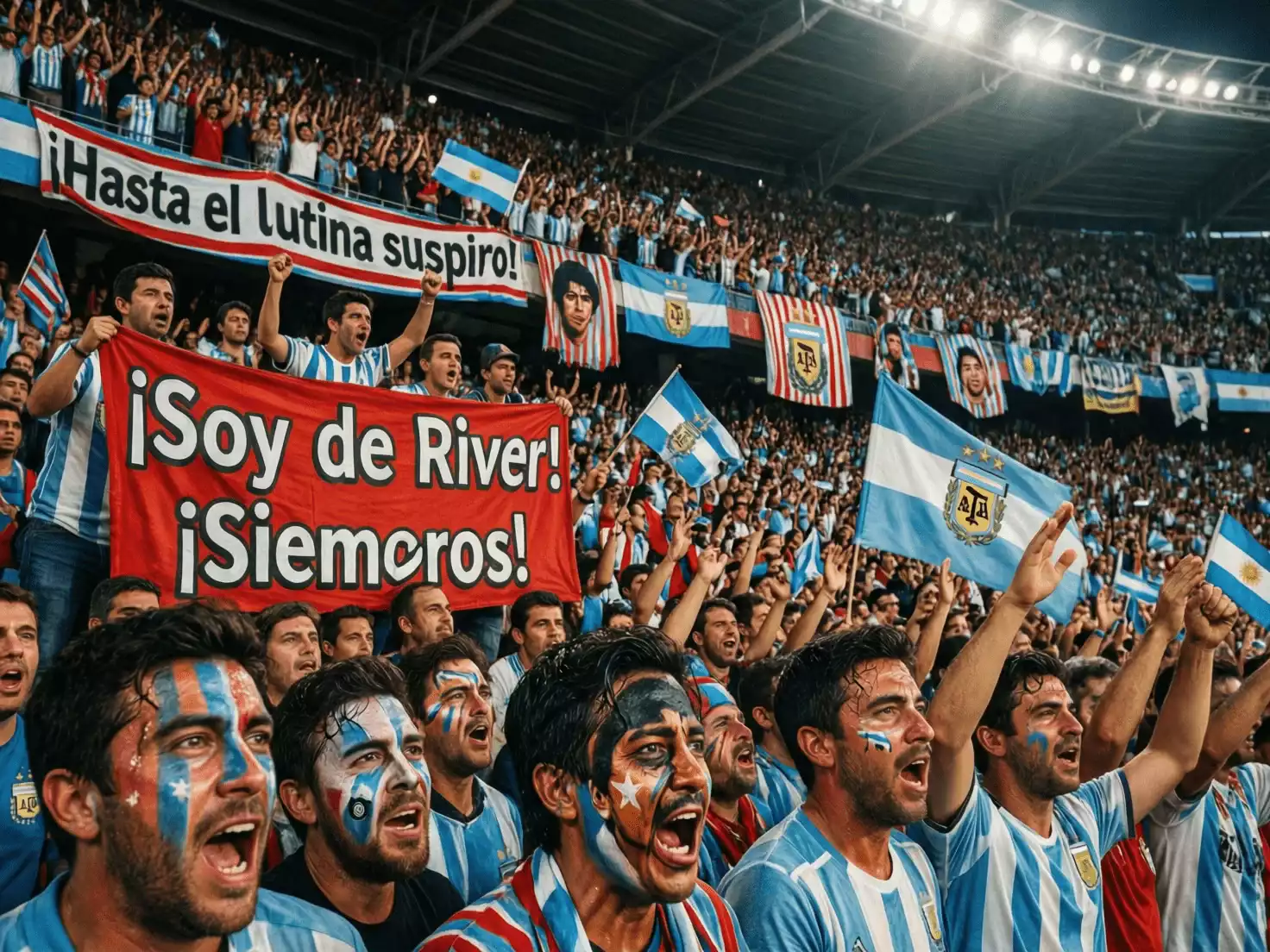 Hinchada argentina mostrando su pasión con banderas y cánticos