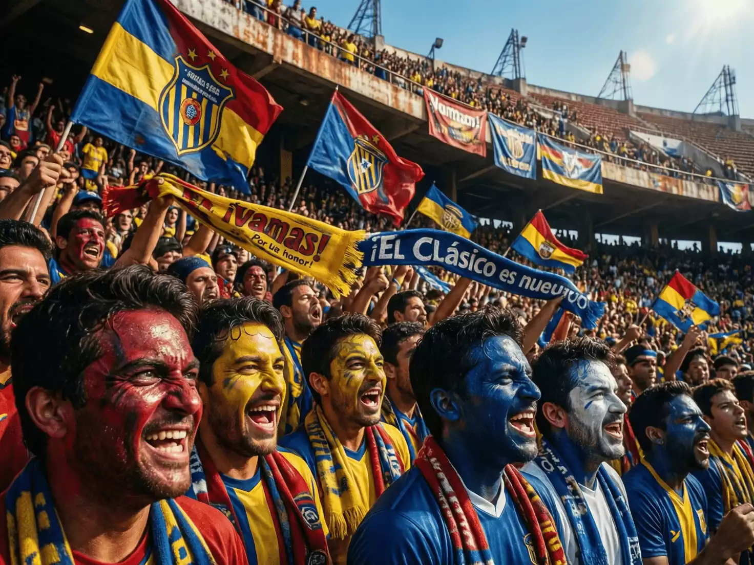 Hinchada apasionada con banderas y cánticos durante un clásico sudamericano