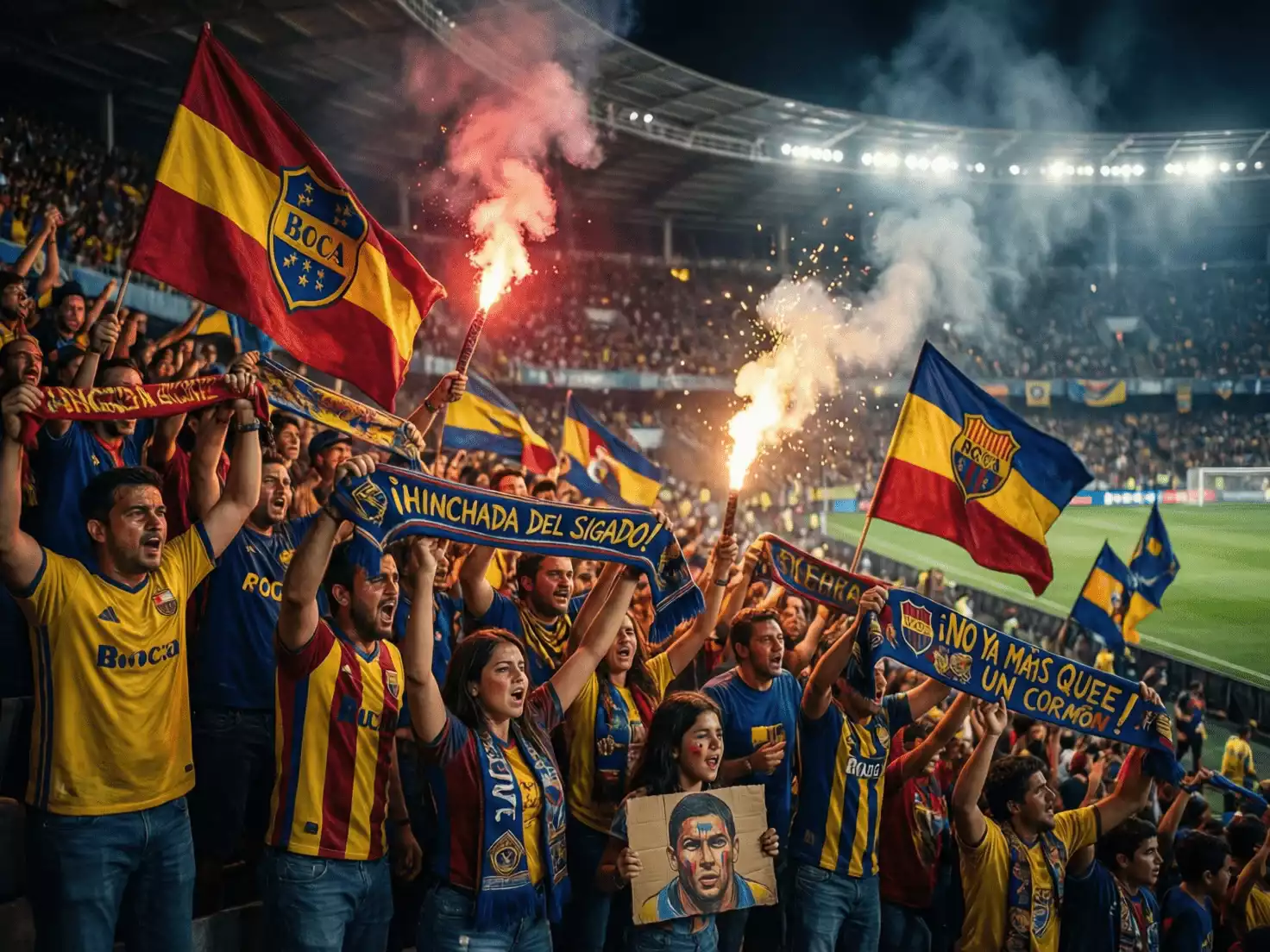 Hinchada sudamericana con banderas y bengalas apoyando a su equipo