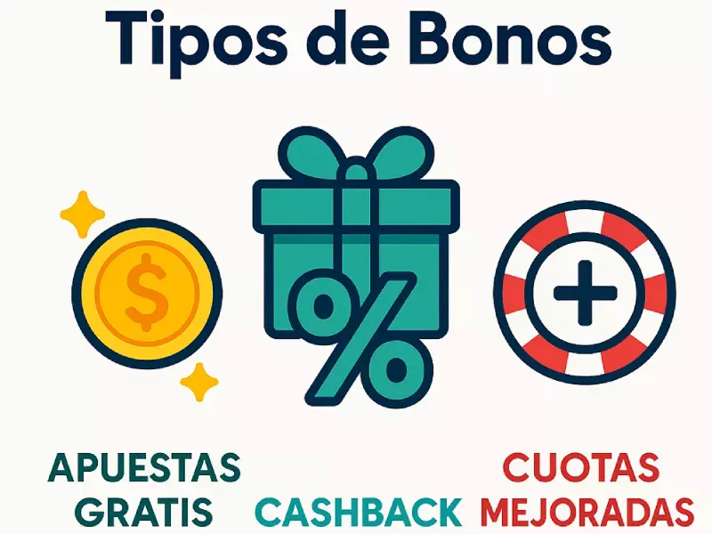 Infografía mostrando diferentes tipos de bonos de apuestas con iconos y porcentajes