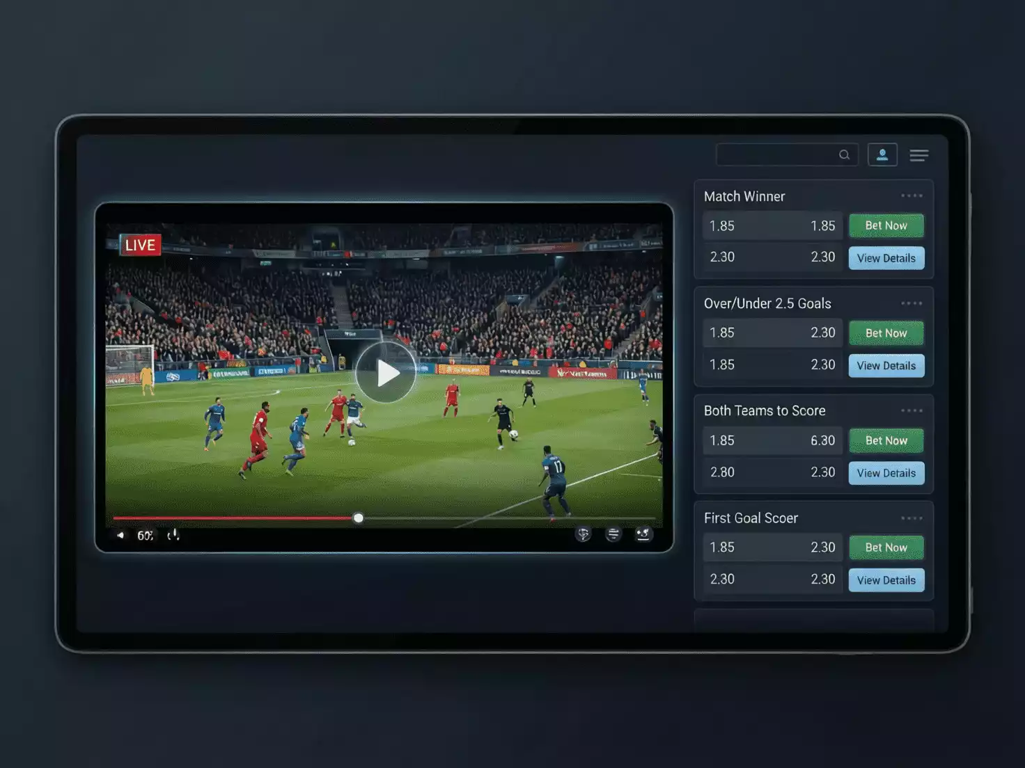 Interfaz de plataforma de apuestas con streaming integrado