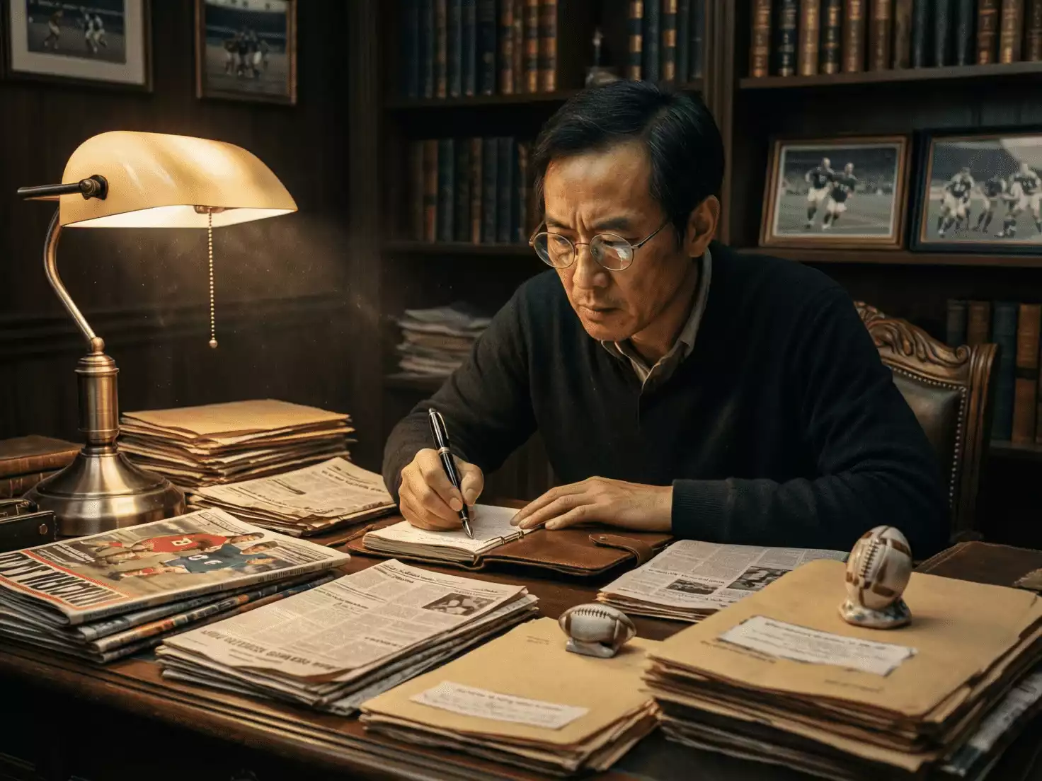 Investigador revisando documentos y recortes de prensa sobre historia del fútbol