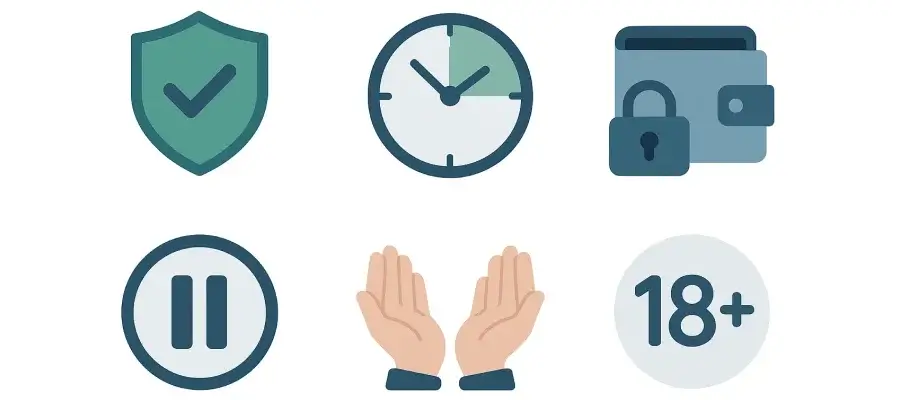 Iconos de herramientas de juego responsable incluyendo límites de depósito, autoexclusión y ayuda profesional