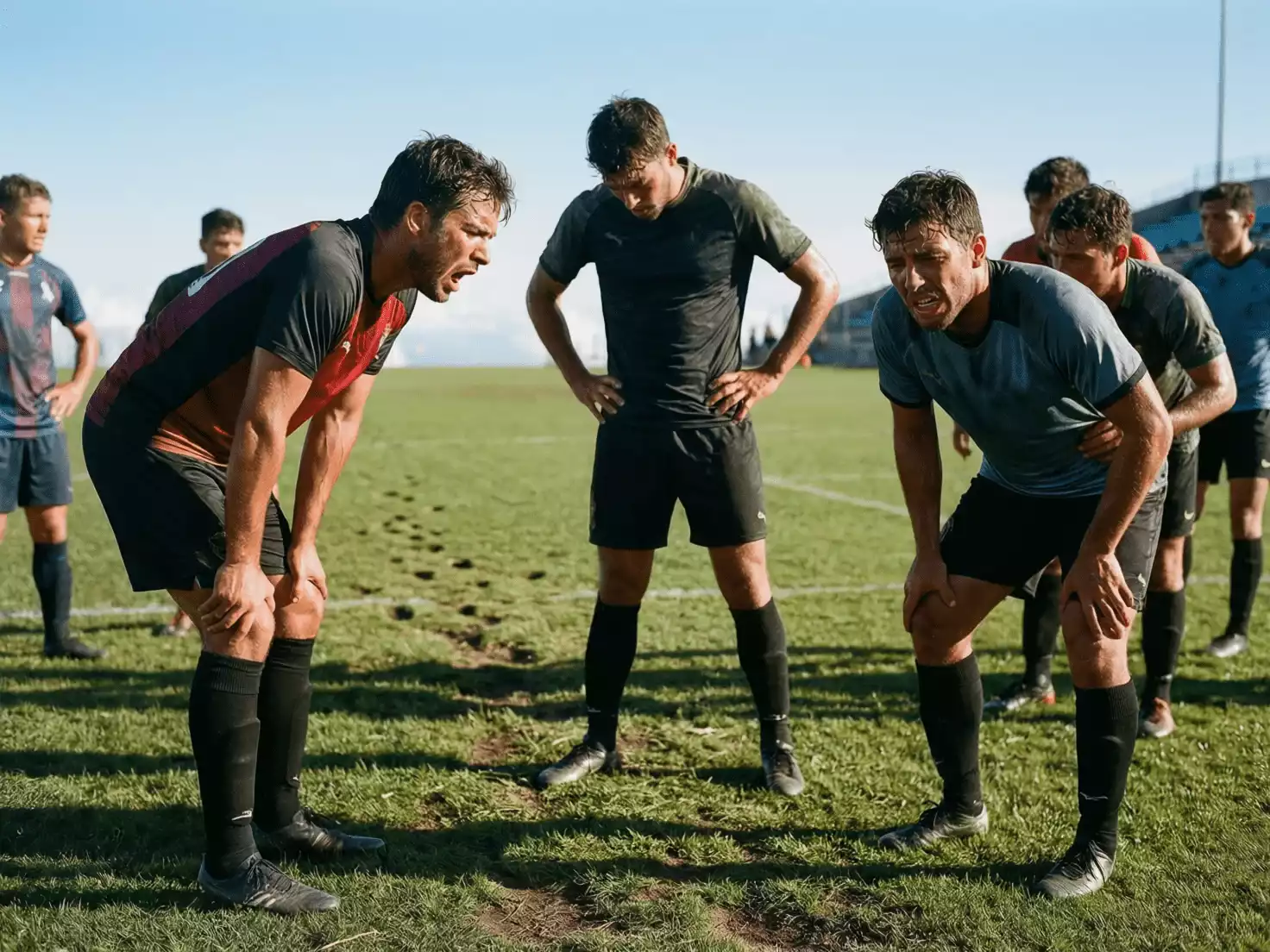 Jugadores de fútbol mostrando signos de fatiga durante un partido en altura