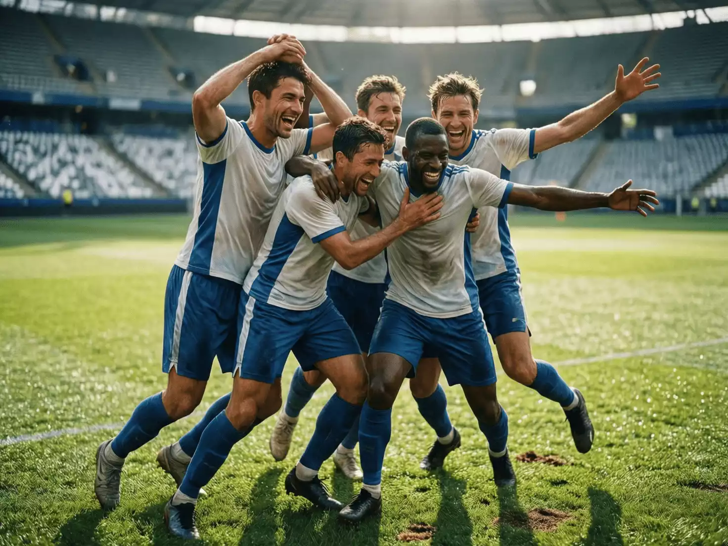 Jugadores de fútbol celebrando un gol abrazados en el campo