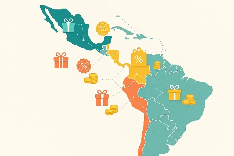 Mapa de América Latina mostrando bonos de apuestas disponibles por país: México, Colombia, Chile, Argentina y Perú