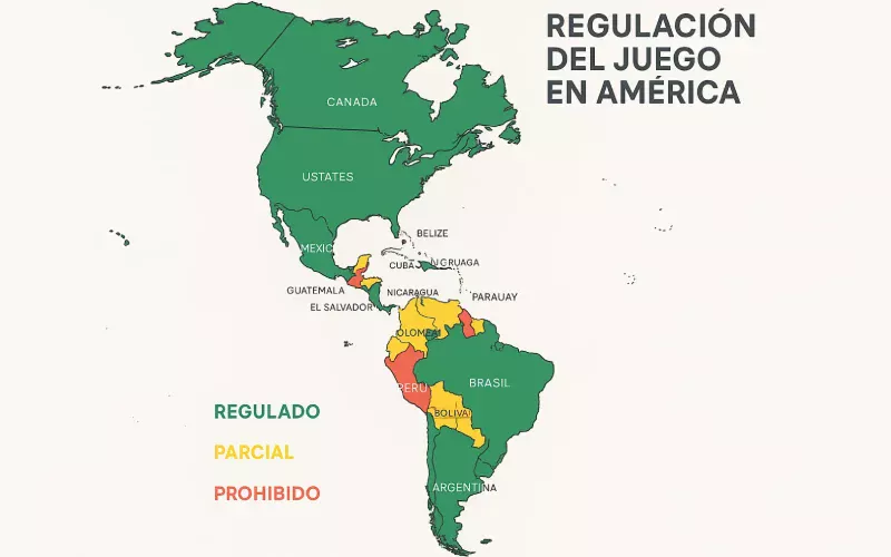 Mapa interactivo mostrando el estado de regulación de apuestas en diferentes países de América