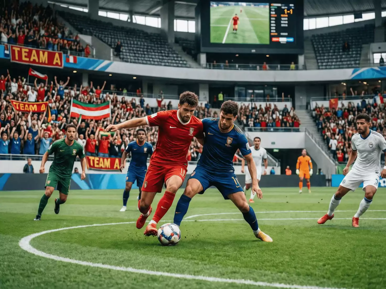Partido de fútbol entre equipos de diferentes países en un estadio moderno