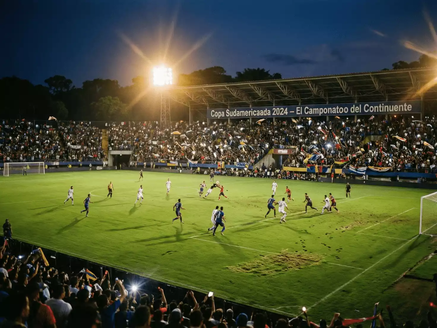 Partido de Copa Sudamericana disputándose en un estadio nocturno