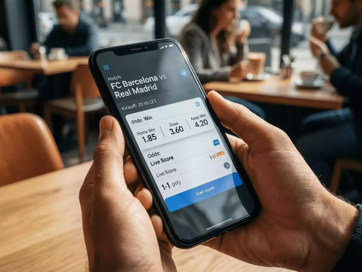 Manos sosteniendo un teléfono móvil con una aplicación de apuestas deportivas