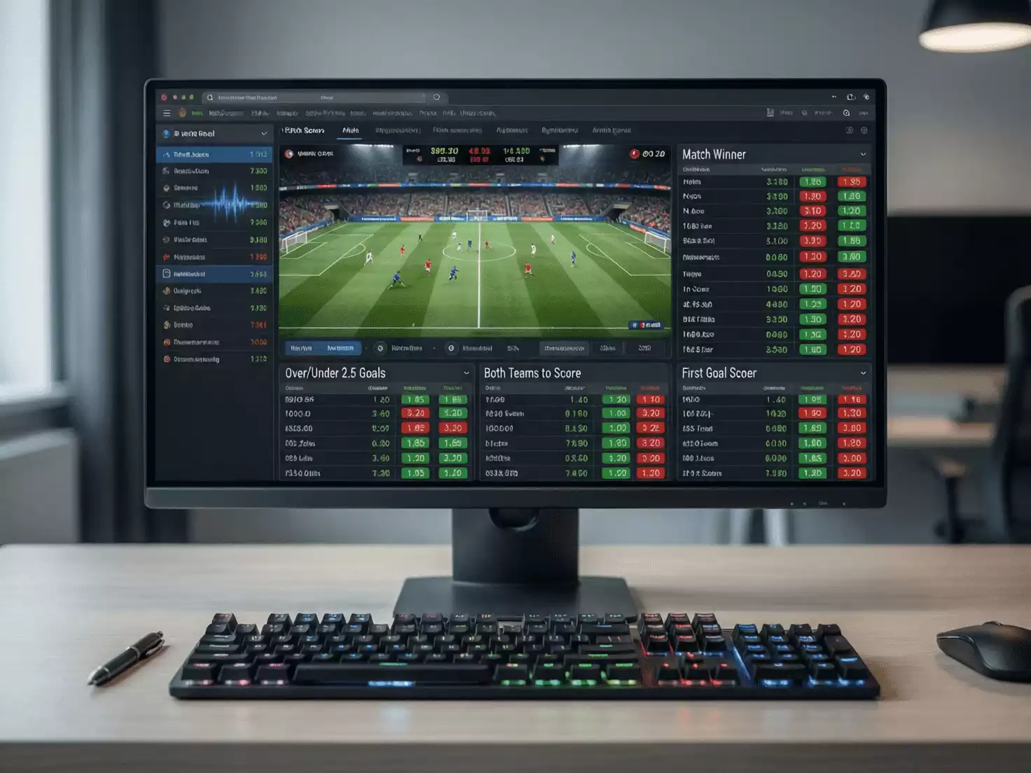 Pantalla de ordenador mostrando una interfaz de apuestas deportivas con un partido de fútbol